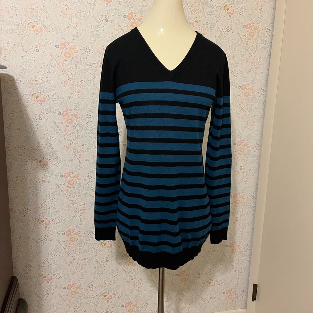 Striped V-Neck Sweater - Black and Blue